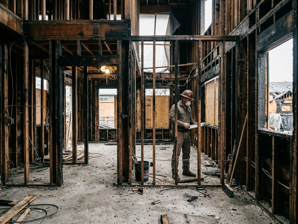 Interior stripped to studs ready for fire damage reconstruction